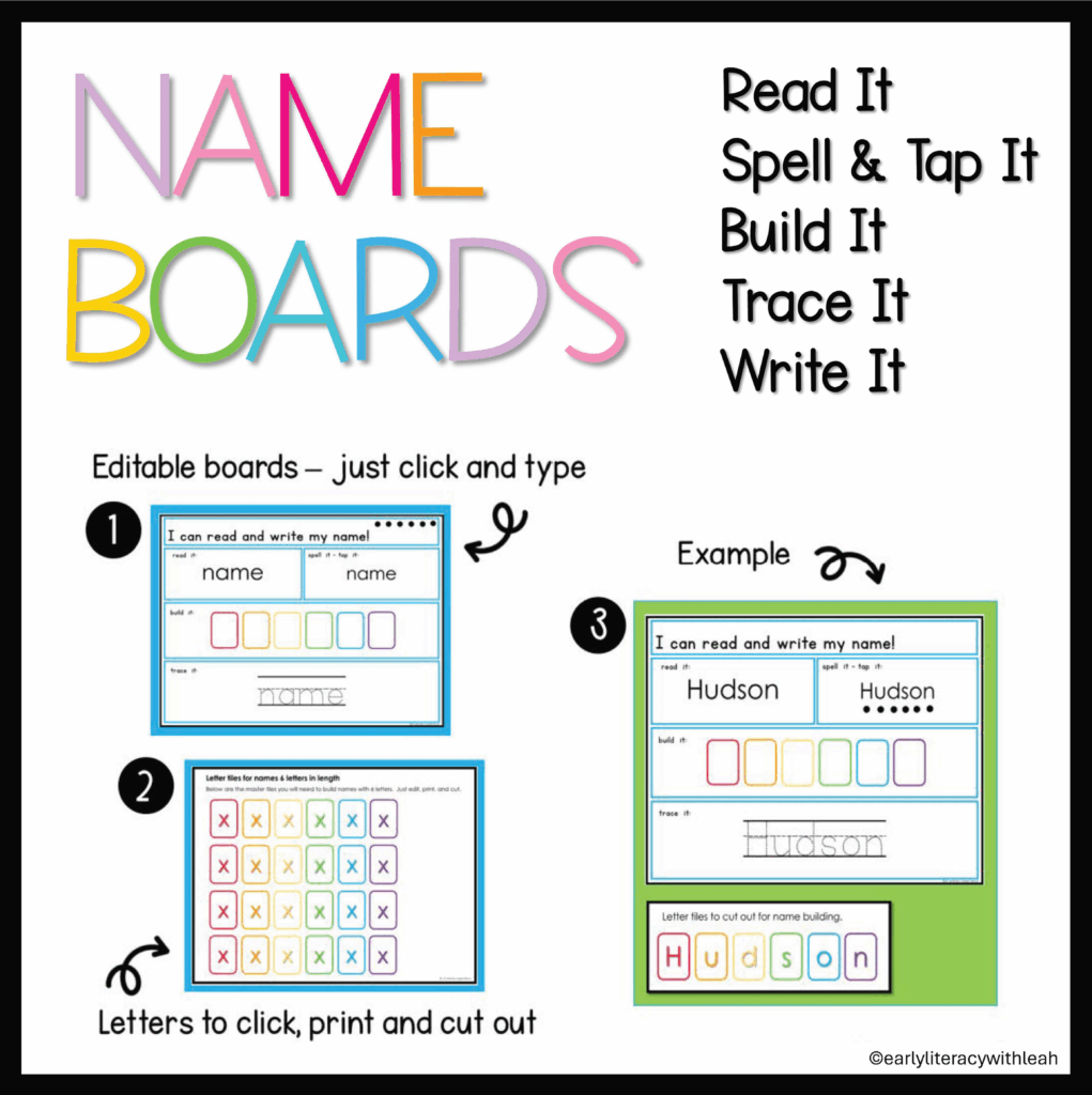 Successful name writing - include Name Boards where students read, spell, tap, build, trace and write!