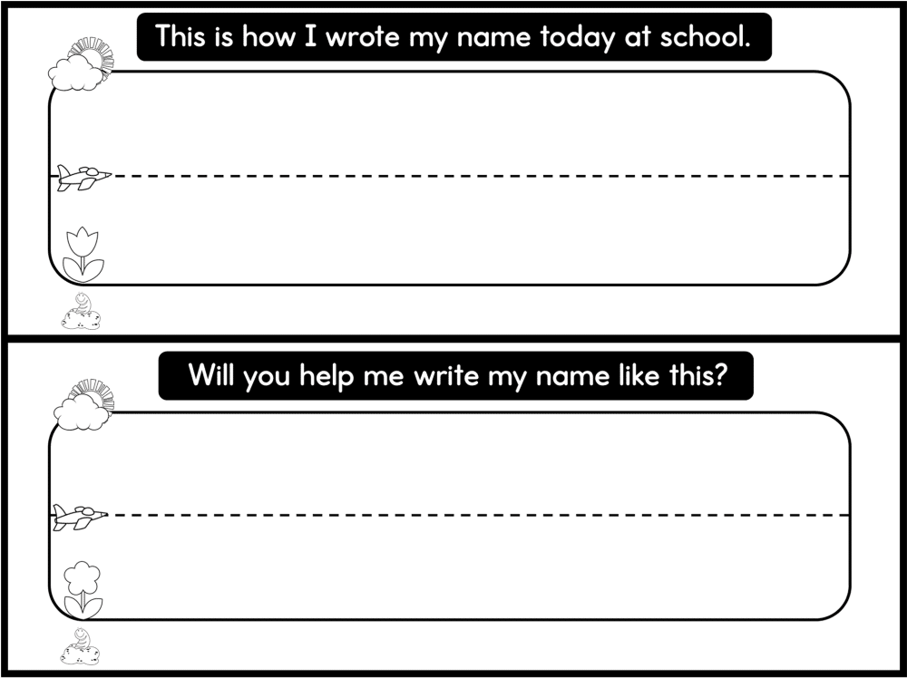 Name writing practice uses lines with icons.